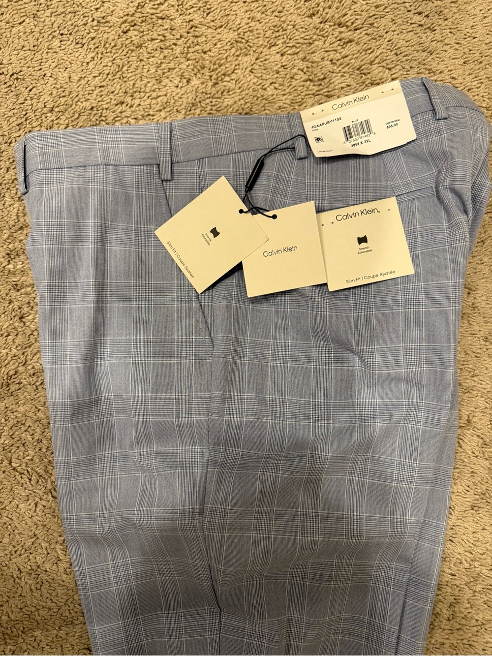 Calvin Klein Jace Dress Pants Men 38x32 Blue Plaid Slim Fit Stretch NWT